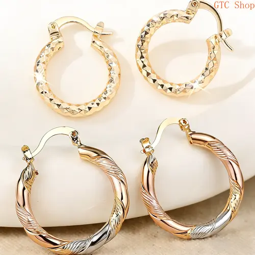Unisex 2 Pairs 14 Karat Gold-Plated Twisted Round Hoop Earrings - Minimalist Elegant Copper Jewelry for Female, Lightweight Comfortable, Ideal for Casual Wear, Birthday Gifting