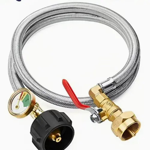 Propane Refill Adapter Hose - 3ft Stainless Steel LPG Refill Hose with Pressure Gauge Display, Shut-Off Valve Safety Control & Tank Fitting for 1lb, 20lb Tanks, Camping, Grill Use, Lpg Hose, 3Ft Stainless Steel Hose