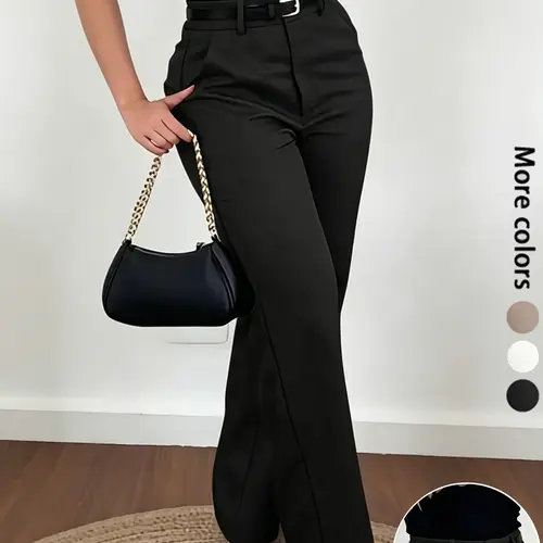 Women's Elegant Solid Color Straight Leg Casual Long Pants, Solid Color Trousers, Casual Fashion Bottoms, Zipper Design, Loose Fit, High Waist, All Seasons, Womenswear