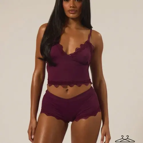Women's Elegant Strapless Lingerie Pajama Set, Solid Color Lace Bra Top and Stretch Shorts, Sexy Thin Straps V-Neck Design, Soft Stretchy Fabric Sleepwear