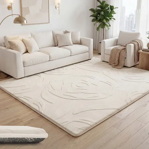 Large Size 1.3" Thick Plush Area Rug, Extra Soft Floral Non-Slip Baby Play Mat, Faux Fur Rose Jacquard Shag Rugs for Living Room