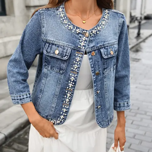 Women's Pearl Trim Short Loose Baggy Denim Jacket Coats, Three-Quarter Sleeve Round Neck Single Button Chest Pocket, Elegant Casual Outerwear