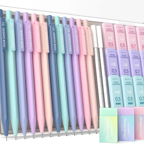 [Back to School Haul] 12PCS Pastel Mechanical Pencil Set (0.5 & 0.7 mm, HB/2B) with Case, 360 Leads in 6 Tubes (2 Packs), 21PCS Pastel Eraser Set - School Supplies Haul, Student Essentials, Teenage Girls Gifts