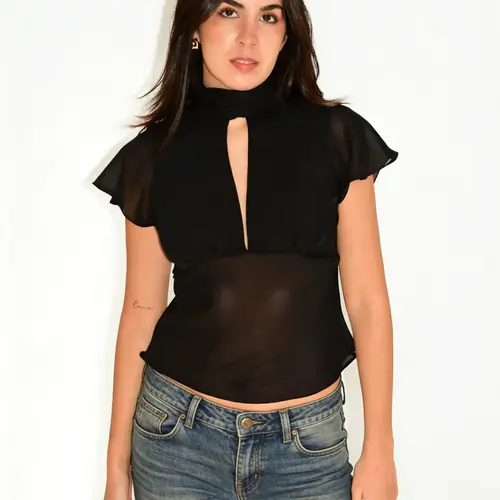 Women's Solid Color Flutter Sleeve Top Blouse, Ribbon Hollow Out Mesh Splicing, Trendy Sheer Tie Design, Ideal for Daily Casual Wear & Office  Commute