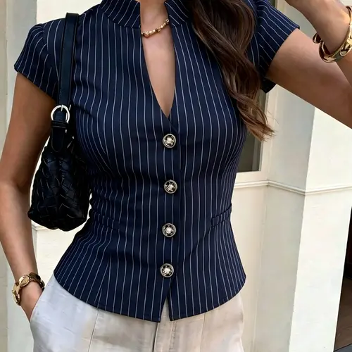 New Summer Office Blouse, Navy Striped Short Sleeve Shirt, Mandarin Neck, V-Neck, Metal Buttons, Waist Cinch, Anti-Wrinkle Fabric, Fit, Tops