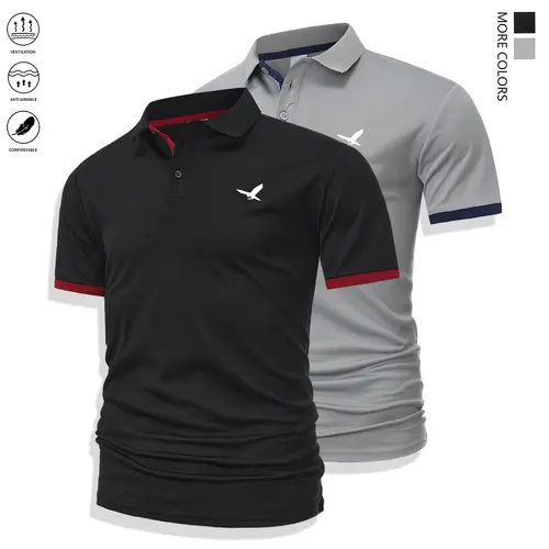 Men’s 2-Piece Solid Color Short-Sleeve Athletic Polo Shirts Set - Polyester Casual Sporty Tops for Work & Exercise