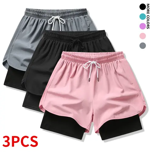 3-piece set: women’s athletic shorts, layered shorts with pockets, quick-dry shorts suitable for running, yoga, gym training, and summer sportswear,summervibes