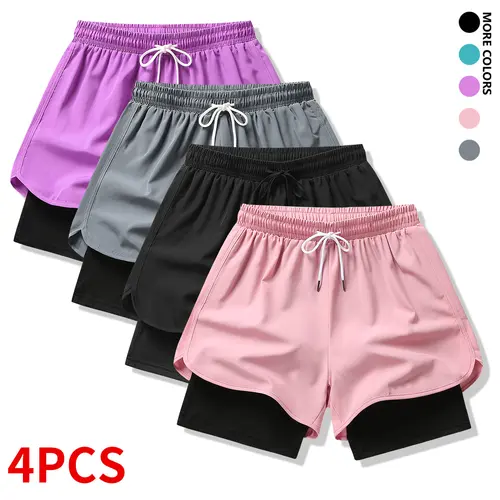 4-piece set: women’s summer shorts outfit with lining, drawstring, elastic waistband; suitable for outdoor sports, fitness, running, and casual wear; women’s shorts, summer bottoms,summervibes.