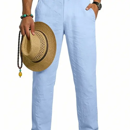 Men's All-Seasons Outfits Solid Color Linen Casual Comfy Trouser Pants, Elastic Waist Drawstring Long Pants, Lightweight Loose Fit, Perfect for Summer Beach and Vacation, Casual Fit Drawstrings, Casual Relaxed Fit, Menswear.