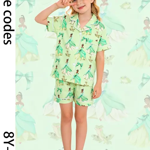 2-piece set of children's clothing with mint green base, full body bow, frog princess pattern printed short sleeved shorts, soft top, small pocket, elastic collar design, elastic waistband, daily casual sleepwear set, Cartoon Print Sleepwear