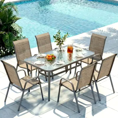Arlopu 7-Piece Outdoor Table and Chairs for 6, Outdoor Dining Set W/Rectangle Glass Table and Patio Textilene Stackable Chairs, Patio Furniture Set W/Umbrella Hole summergarden