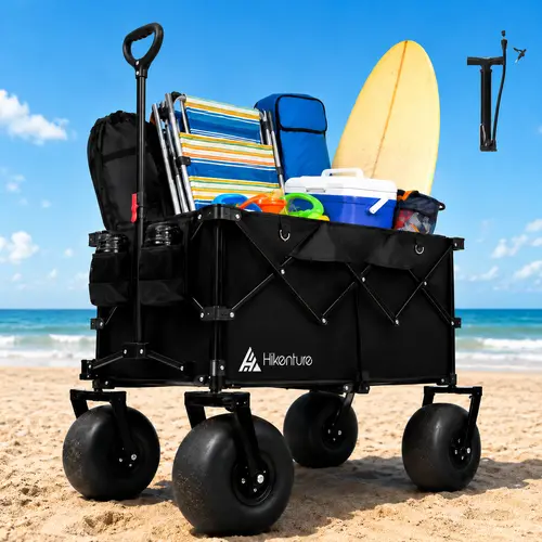 Hikenture Reinforced Frame Beach Wagon with 9" PU Balloon Wheels, 440lbs Heavy Duty Foldable Utility Cart for Sand Outdoor Recreation, 1/6 Size Collapsible Beach Dolly