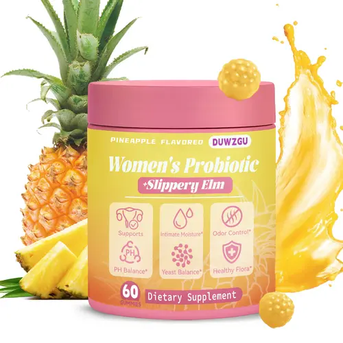 Feminine pH Balance & Dryness Relief Probiotic Gummies | Slippery Elm Prebiotics Lactobacillus Blend | Hawaiian Pineapple 60ct Supplement