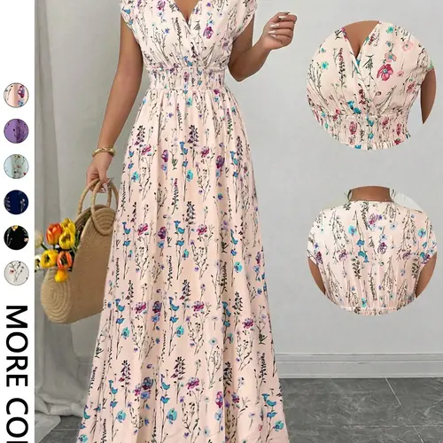 Women's Floral Long Dress, Beach Vacation Style, Casual, Elastic Waist V-Neck Flowy Halter Dress, Elegant Chic Summer, Perfect for Relaxing Days