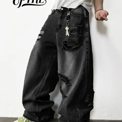 UP.THE Men's Baggy Wide Leg Denim Jeans - Distressed Ripped Washed Black, Oversized Skater Style with Raw Hem, Casual Streetwear Male Clothing Fashion Wide Leg Baggy Jeans Streetwear Clothing