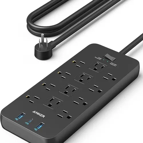 Anker 351 Powerstrip (Powerstrip 351), 2100J Surge Protector with 5ft (0–5m) Cord, 12 AC Units, 2 USB-A, 20W USB-C Ports, Overload Guard, TUV Listed, Rectangular Wall Mounted (Includes Screws), Temperature Control, for iPhone 15 Home Office Use