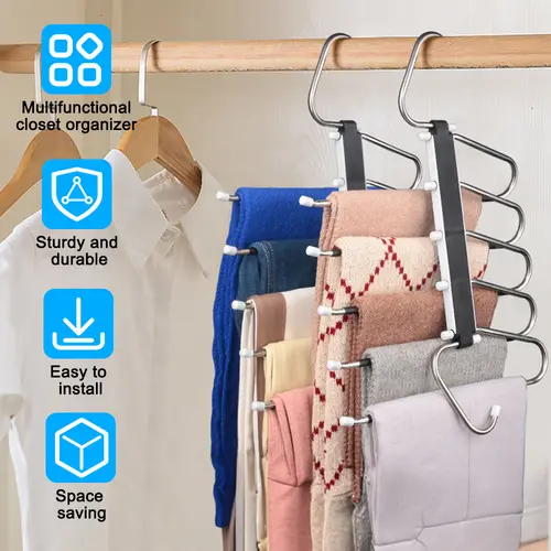 Stainless Steel Pants Hangers - 5-Layer Adjustable Folding Metal Hanger Set, Non-Slip Space Saver 2-Piece Sets for Wardrobe Home Organization