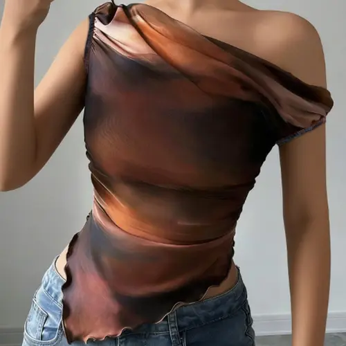 Women's Summer Ombre One Shoulder Sleeveless Crop Top, Ruched Asymmetrical Hem Sheer Mesh Top, Y2K Baddie Style, Ideal for Date Night, Club and Festival Wear