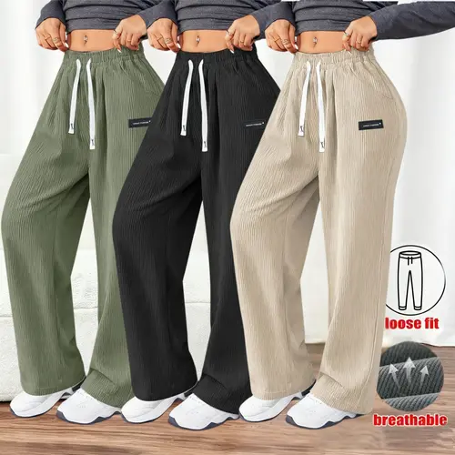 Women's Loose Fit Thin Lightweight Airy Corduroy Wide Leg Pants, Elastic High Waist Breathable Summer Cool Casual Daily Trousers
