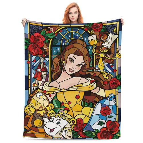 [SummerVibes] DISNEY CLASSIC Beauty and the Beast Stained Glass Print Throw Blanket - Featuring Belle, Lumiere, Cogsworth & Enchanted Rose, Soft Warm Fleece Blanket for Kids Adults