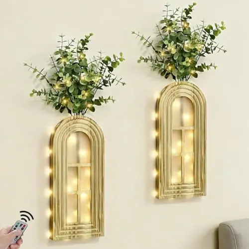 【SUHOPE】Summer Super Deal Hanging Wooden Vase Wall Decor - Set of 2, Brown Finish Boho & Modern Farmhouse Decor with Fairy Lights & Artificial Plants, Wall Art for Living Room, Bedroom, Bathroom Home Decor Gift Idea