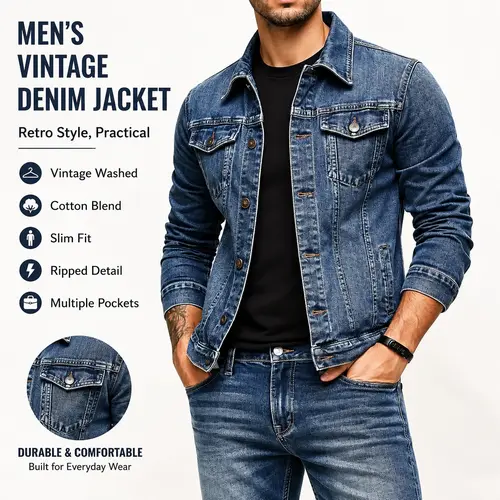ESDVQ Men's Vintage Cotton Denim Jacket - Collared, Classic-Fit, Button-Front, Lightweight Streetwear with Multiple Button Pockets, Zipper Design & Retro Vibe Menswear Vest