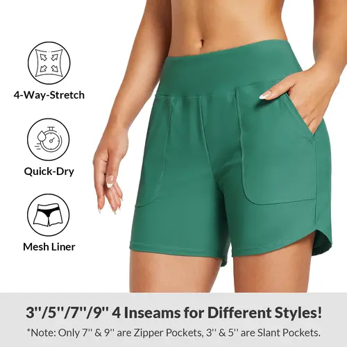 Baleaf Women's High-Waisted Lightweight 3"/5"/7"/9" Quick-Dry Board Shorts with Pockets & Mesh Liner, Plus-Size Bermuda Shorts for Swim & Workout Tankini Bottoms