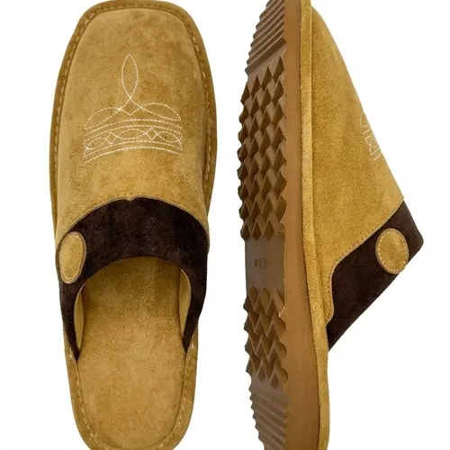 Unisex All-Season Stitch Suede Leather Cowboy Boot Footwear, Square Toe Comfy Indoor-Outdoor Slippers | Runs Small, Size Up