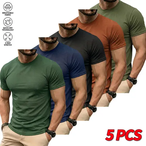Pack of 5 men’s solid-color casual T-shirts—essential for summer outings. Skin-friendly and soft, they wick moisture, are breathable, quick-drying, lightweight, and comfortable—ideal for summer sports and fitness wear.