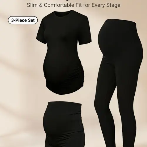 Women's 3-Piece Maternity Sports Set - High Waist 2-in-1 Shorts & Leggings, Slim-Fit Casual Active & Loungewear Maternity Clothes for All-Stage Pregnancy Outfits