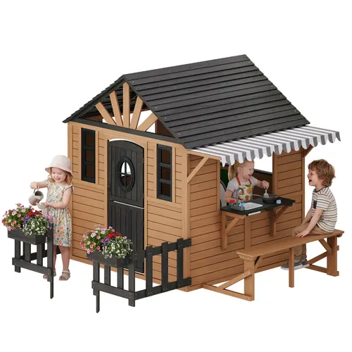ALBOTT Unisex Kids Outdoor Wooden Playhouse with Play Kitchen Set, Durable Fir Wood Construction, Roof, Rust-Resistant Hinges, Flowerbox Pretend & Creative Play for 3-8 Years Old, Mothersday Gift[tiktokshopbacktoschool][SohoChic]