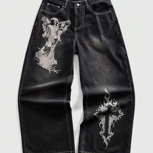 American Street Style Angel & Christ Cross Print Straight-Leg Denim Jeans, Casual Streetwear Jeans, Men's High-End Loose-Fit Long Pants, Trendy & Cool Streetwear