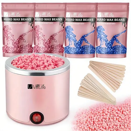 Portable Wax Heater Kit, Blue, Includes 4 Packs of Wax Beads & Applicators, Full-Body Hair Removal Set, Easy for Beginners, Unisex, Wax Beans