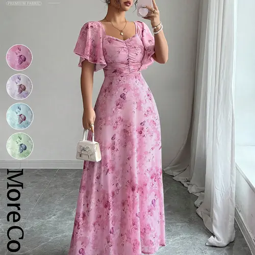 Women's Floral & Butterfly Print Chiffon Dress, Ruched Detail, High-Waisted A-Line Dress with Butterfly Sleeve, French Chic Style Summer Wear, Casual Elegant Dress for Engagement & Dates