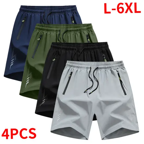 Men’s Plus-Size Athletic Shorts (Pack of 4), Loose Fit, Drawstring, Stretch Fabric, Zip Pockets, Solid Color, Comfortable Sports Material - Ideal for Night Running, Casual Wear, Athletic Bottoms, Athleisure Casual Shorts