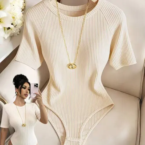 Knitted Bodysuit for Women, Casual Summer Wear for Beach & Vacation, Ribbed Design, Tight-Fitting, Ideal for Spring & Summer