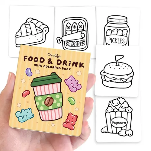 Coco Wyo Food & Drink Mini Coloring Book (3 x 3.5 in) - 50 Artwork Pages, Flat Binding, Lightweight & Portable, Office Stationery Art Supplies for Stocking Stuffers, Party Favors