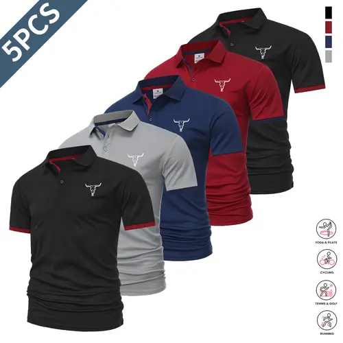 5-piece set: casual men’s short-sleeve polo shirt, quick-dry golf and tennis shirts, comfortable riding apparel, fashionable men’s sportswear; suitable for casual gatherings and holiday travel; contrast design at the neckline and sleeves.,summerwins,fathe