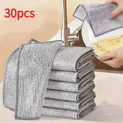 30 pieces of metal wire cleaning cloths, mesh fabric, non-stick oil, quick-drying, multi-purpose brushes, suitable for removing stains from pots and stoves, and can replace steel wool for cleaning kitchen countertops., Non-Woven