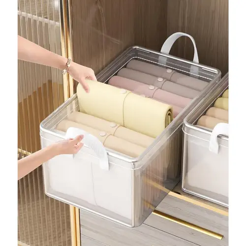 4-Piece Stackable Waterproof PVC Plastic Storage Boxes with Lids, Handles, Rectangular Body, Durable Collapsible Lid + Compartment Design - Portable Space-Saving House Organizers for Home, Wardrobe Closet, Home Decor, Apartment Decor Ideas
