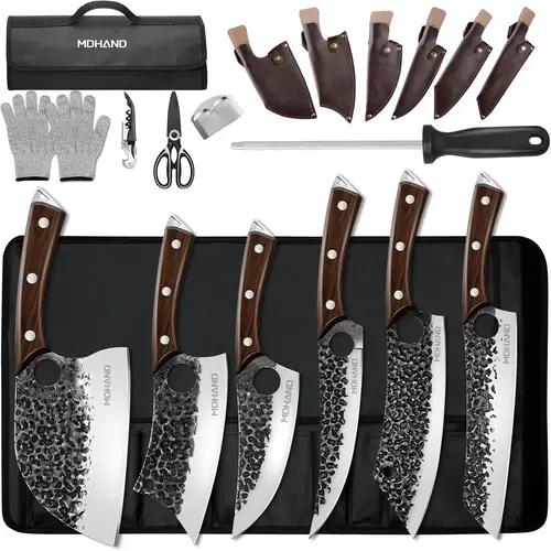 MDHAND 18Pcs Hand Forged High Carbon Steel Full Tang Butcher Set - Stainless Blade Portable Kitchen Tools with Bag, Sharpening-Ready Cleaver, Boning Tool for BBQ, Gifts for Him