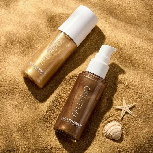 Palladio Body Shimmer Gel - Smooth, Lightweight Water-Based Body Glow for Adults with Aloe, Hyaluronic Acid, Vitamin E, Panthenol, Blendable Coverage, Radiant Buildable Radiance, Vegan & Cruelty-Free, Gluten-Free (Golden Beach - BS01)