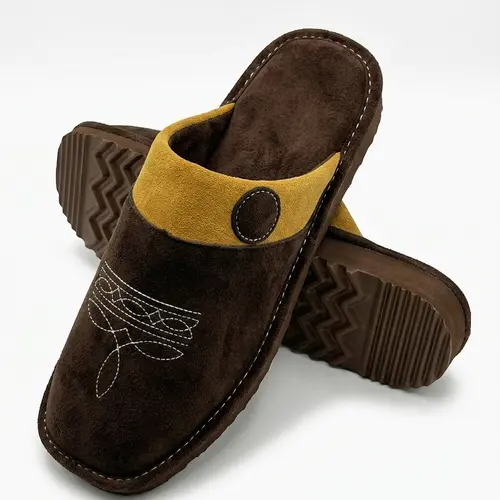 Western Home Slippers for Men & Women, Square Toe Faux Suede Footwear with Boot Stitch, Slip Resistant Indoor Outdoor Sole & Memory Foam