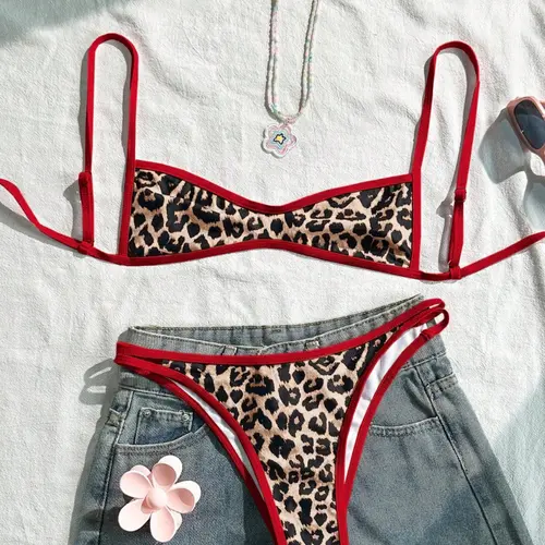 Women's Leopard Print Trim Sexy Bikini Set, Leopard Set, Paisley Print Swimsuit, Summer Holiday Beachwear for Dates & Music Festivals, Leopard Pattern Swimsuit
