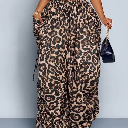 Women's Plus-Size Leopard Print Wide-Leg Pants, High-Waisted with Adjustable Elastic Waistband, Loose-Fitting Long Pants, Casual All-Season Fashion