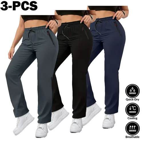 Women's Polyester Training Pants, 3-Pack Athletic Joggers for Sports, Quick-Dry Breathable Casual Trousers, Polyester Pants, Sports Pants, Quick Drying Joggers, Polyester Clothing, Female