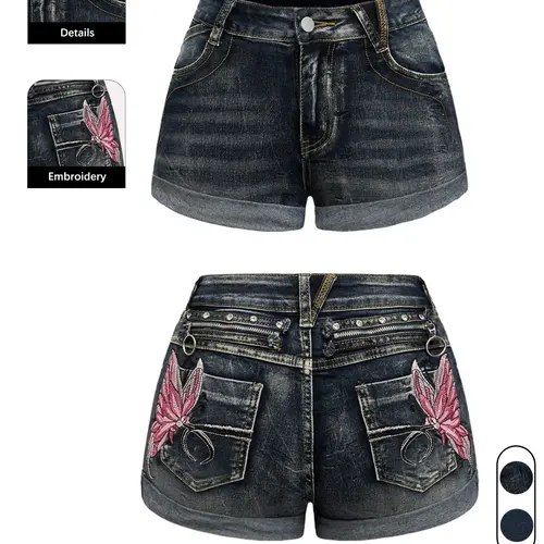 Women's Summer Vibes Elastic Stretchy Denim Shorts, Casual Denim Shorts, Butterfly Embroidery Design, Button Fly Closure, Mid Waist, Casual Beach Wear, Denim Shorties