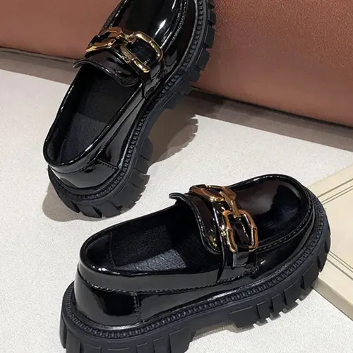 Girls' PU Leather Loafers, Slip on flats, Metal Buckle Design, Thick Sole Casual Shoes, Fashion Flat Sneakers for Festive Gatherings, Casual Flat Footwear