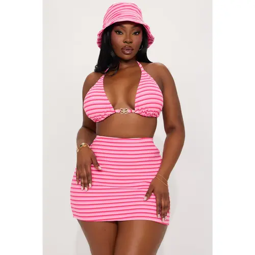 Joanna Stripe Terry Bucket Hat & Skirt 4 Piece Bikini Set - Pink/combo