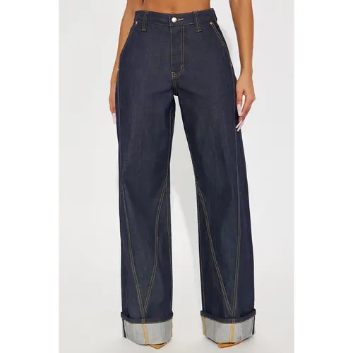Premium Selvedge Wide Leg Trouser Jeans - Dark Denim